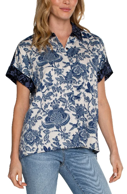 Printed Short Slv Collared Camp Shirt w Hi Low Hem-- Welt Pockets Slit Pockets