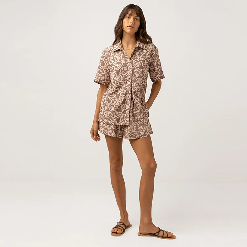 Rhythm Women's Drifter Floral Shirt - Chocolate-- Ribbed T-Shirt High Neck Heavyweight