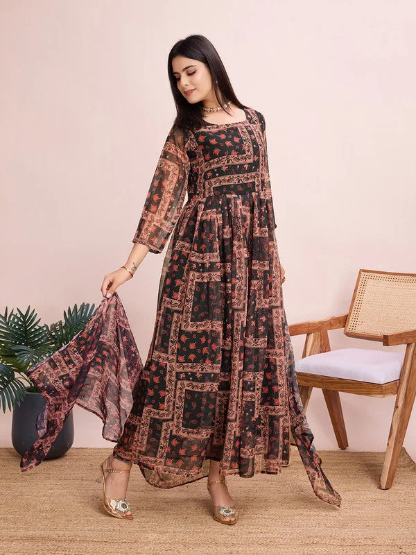 Women's Floral Printed Georgette Maxi Ethnic Dress With Dupatta Tunics Practical durable