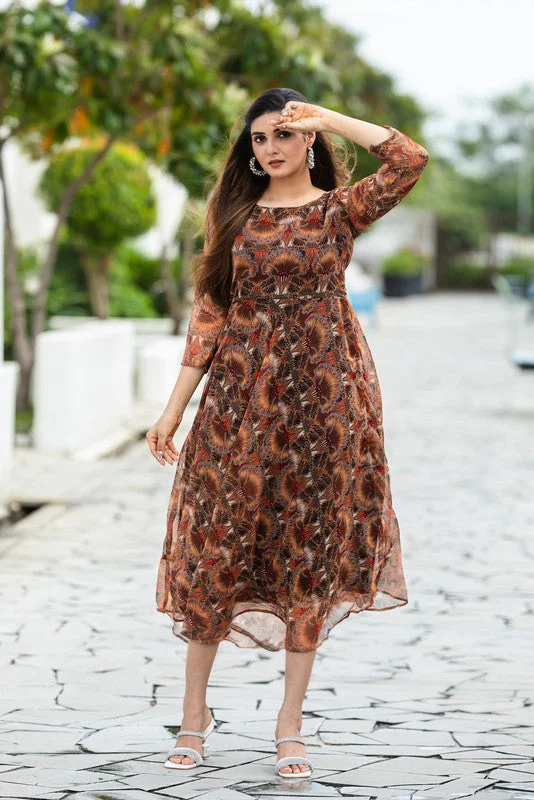 Womens Printed Brown Georgette Ethnic Dress Tunics Fashionable chic