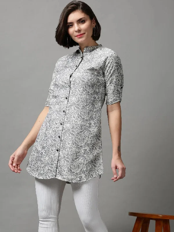 Women's Grey Printed Longline Shirt-AE-444115-Grey-- Rayon Velvet Corduroy