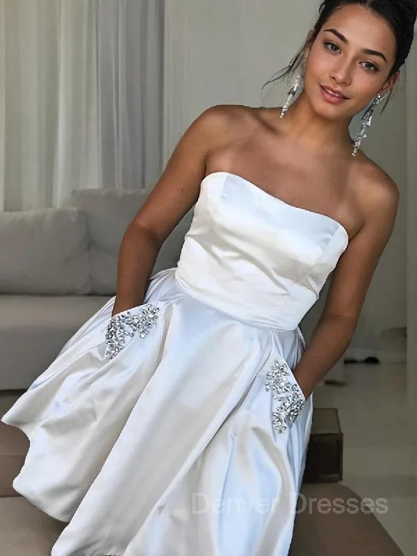 A-Line/Princess Strapless Short/Mini Satin Homecoming Dresses With Rhinestone Tunics Top rated