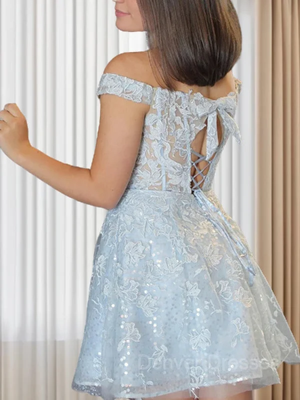 A-Line/Princess Off-the-Shoulder Short/Mini Lace Applique Homecoming Dresses Turtleneck Warm Winter