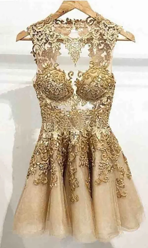 Hot A Line Jewel See Through Tulle Short Gold Homecoming Dresses Tunics Sale discount