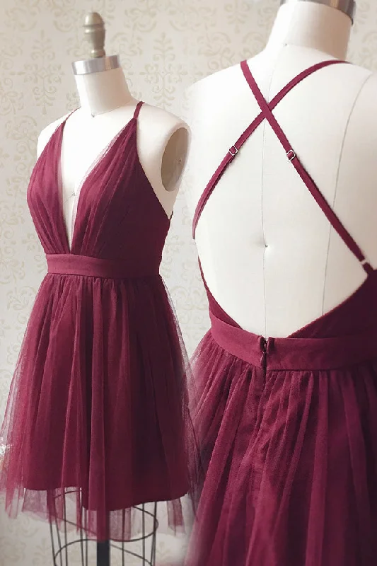 Straps A-line Burgundy Tulle Short Homecoming Dress Tunics Versatile stylish
