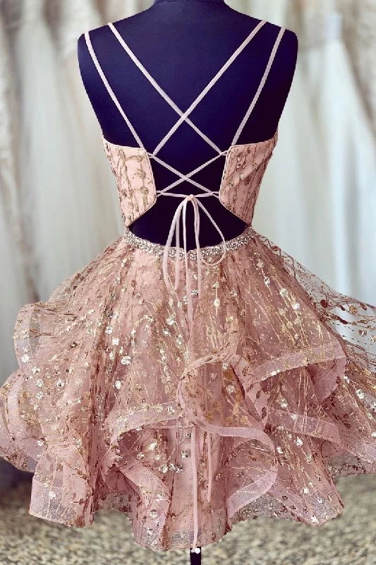 V Neck Short Champagne Lace with Corset Back Short Lace Homecoming Dresses Maxi Flowy Bohemian