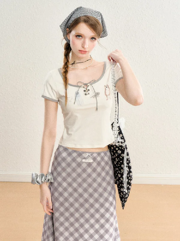 Small Animal Pattern Strap Round Neck Slim Girly T-Shirt SPE0069-- Fleece Nylon Spandex