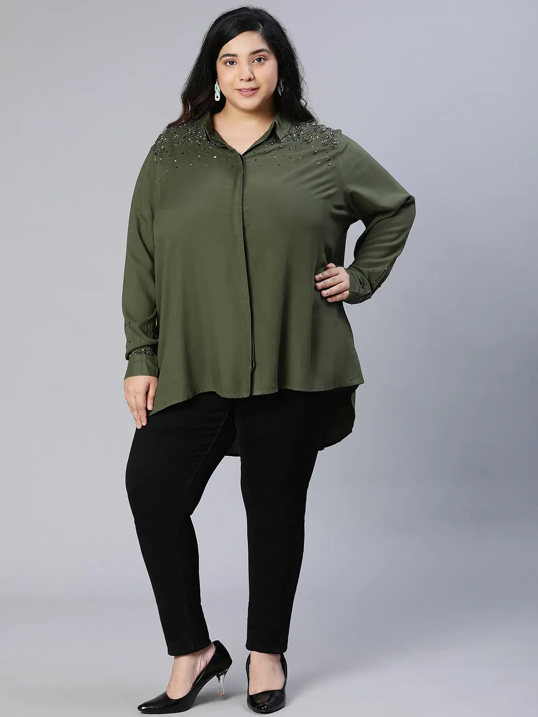 Khaki Color Plain Women Plus Partywear Size Shirt-- Front Pockets Side Pockets Patch Pockets