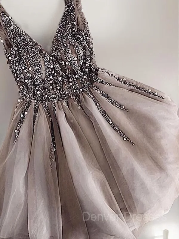 A-Line/Princess V-neck Short/Mini Tulle Homecoming Dresses With Sequin Tunics Exclusive limited