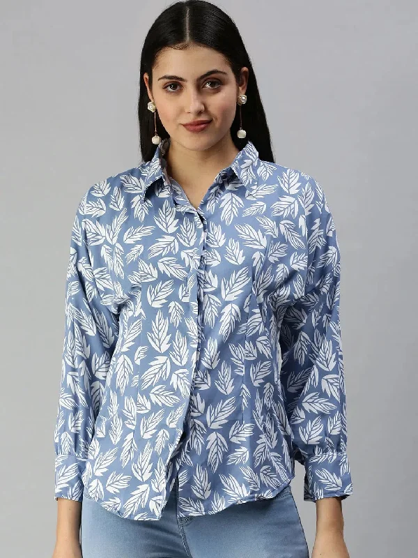 Women's Blue Printed Shirt-AE-10199-Blue-- Embroidered Appliqued Beaded