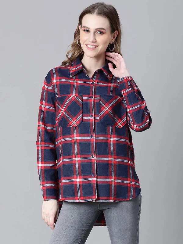 Women Red Brush Check Long Sleeve Collared Cotton Shirt-W23270WSH002-- Notch Collar Peter Pan Collar Cowl Neck