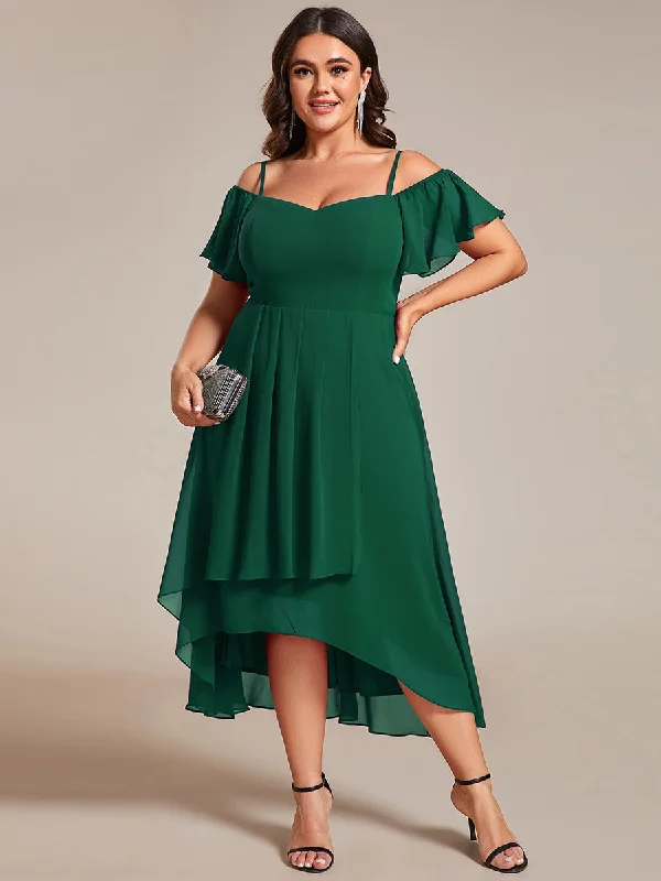 Plus Size Chiffon Spaghetti Strap Cold Shoulder Tea Length Wedding Guest Dress Tunics Stylish elegant