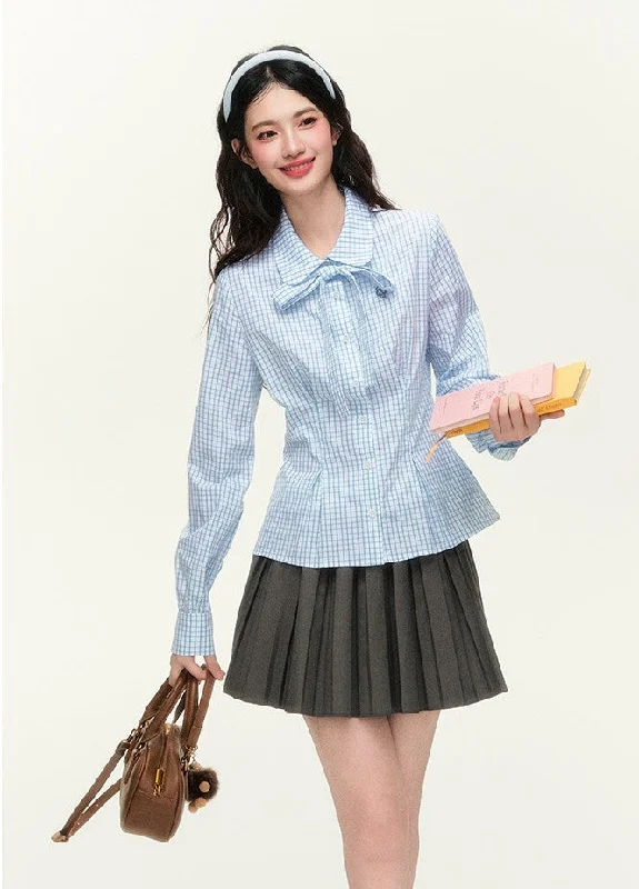 College Style Embroidered Check Tie Shirt/Gray Skirt NTO0127-- Print Jacquard Patchwork