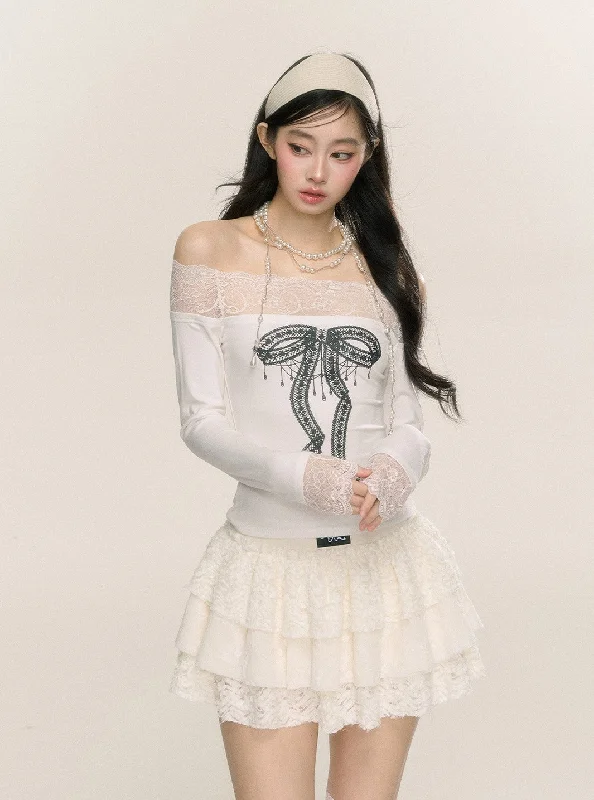 One Shoulder Lace Long Sleeve Slim Waist T-shirt DIA0217-- Zippered Front Buttoned Front Snap Front