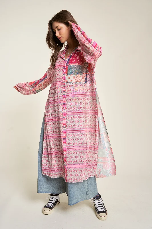 Mesh Print Mix Matched Button Front Maxi Shirt Cover Up Top w Side Slits-- Mesh Canvas Denim