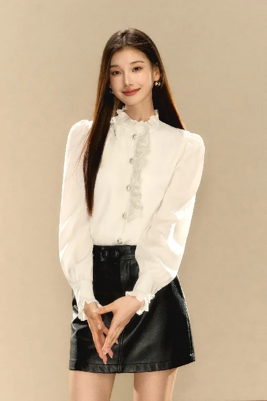 French Satin Textured Puff Sleeve Ruffle Design Shirt OSH0072-- Hooded Caped Shawl Collar
