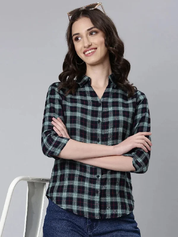 Women Sea Green Checked Shirt-AE-3233-Seagreen-- Zippered Front Buttoned Front Snap Front