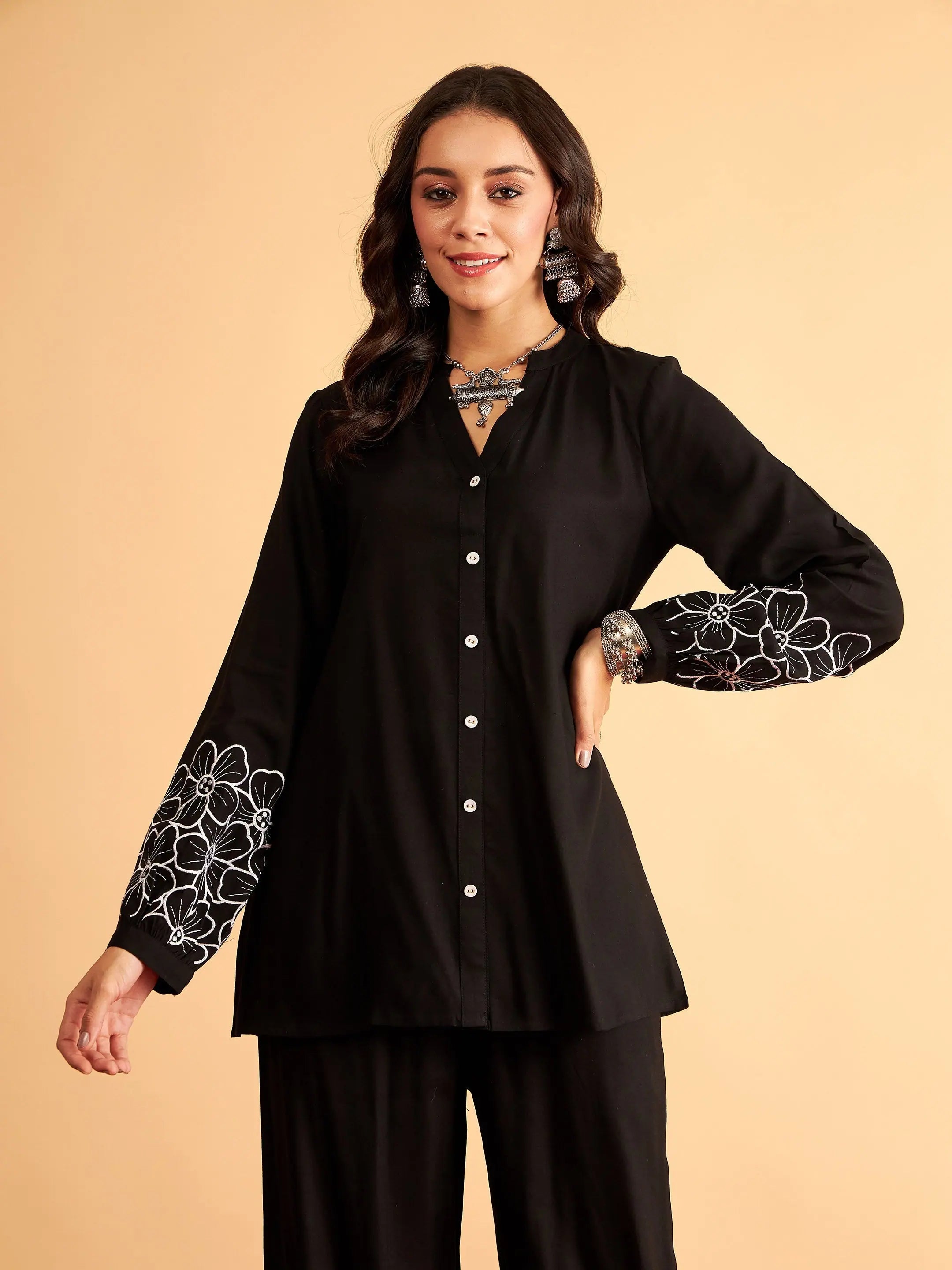 Women Black Rayon Embroidered Shirt-- Embroidered Appliqued Beaded