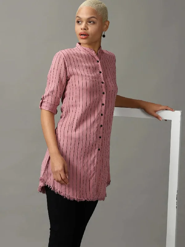 Women's Purple Striped Longline Shirt-AE-444107-Mauve-- Hooded Caped Shawl Collar