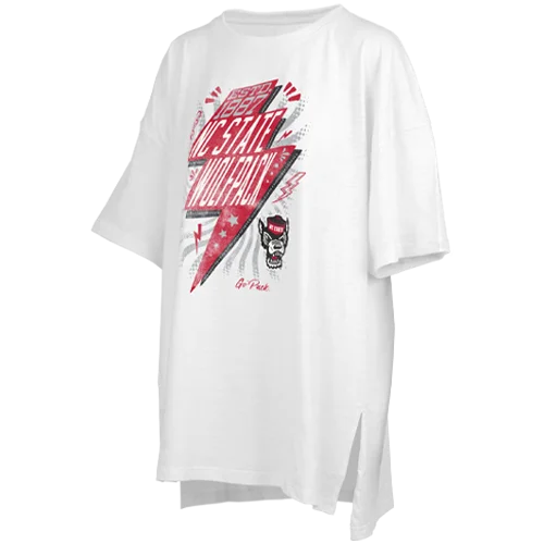 NC State Wolfpack Women's White Bolt Lovers Oversized T-Shirt-- Asymmetrical Pockets Print