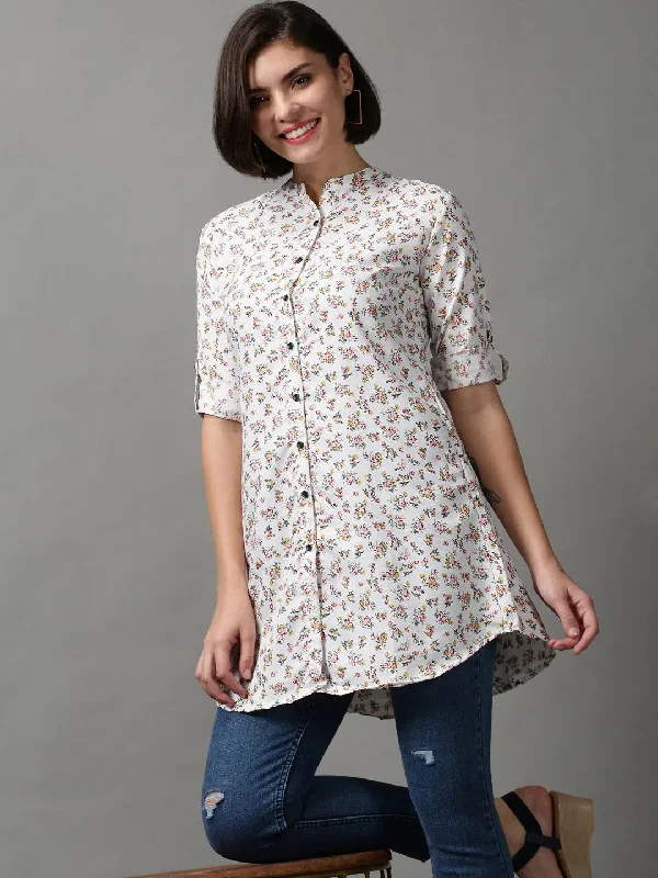 Women's White Printed Longline Shirt-AE-444111-Offwhite-- Cozy Warm Stylish