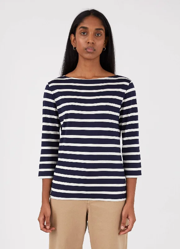 Women's Boat Neck T-shirt in Navy/Ecru Breton Stripe-- Oversized T-Shirt Spandex breathable