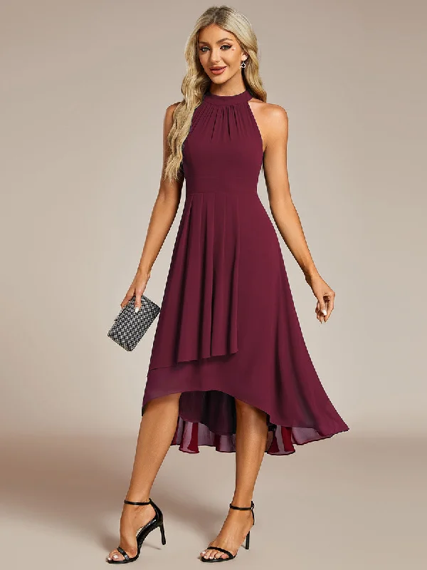Elegant Halter Neckline Asymmetric Midi Lining Length  fold stream Empire Waist Chiffon Dresses Tunics Versatile functional