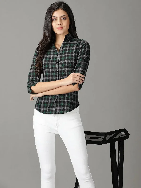 Women's Green Checked Shirt-AE-3139-Green-- Boxy Fit Fitted Loose