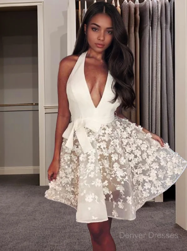 A-Line/Princess Halter Short/Mini Organza Homecoming Dresses With Appliques Lace Tunics Fall fleece