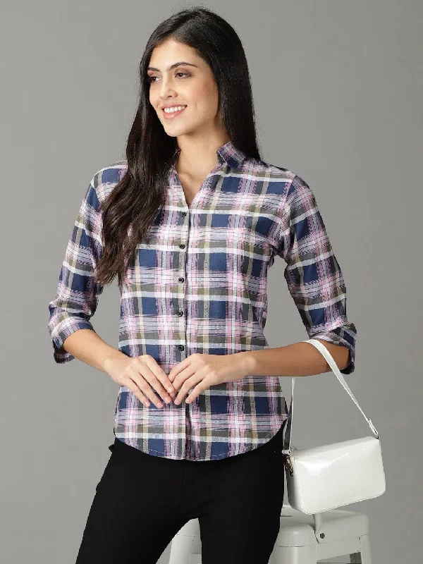 Women's Pink Checked Shirt-AE-3145-Pink-- Plaid T-Shirt Polka Dot Checkered