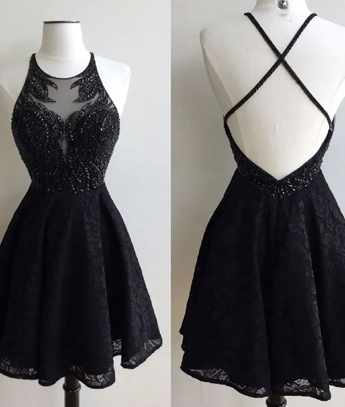 A-Line Jewel Backless Short Black Lace 2024 with Beading Homecoming Dresses Tunics Stylish elegant