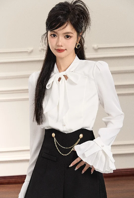 Lace-up White Beaded Stitching Design Shirt OSH0071-- Hooded Caped Shawl Collar