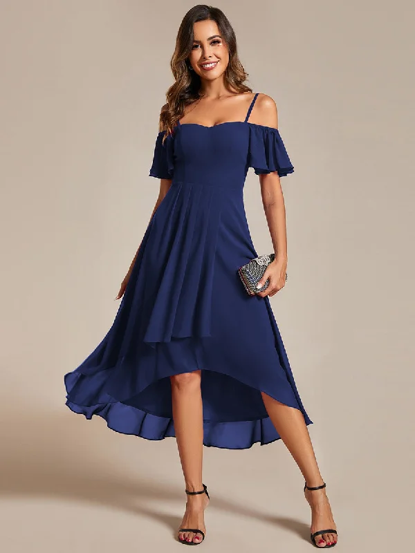 Chiffon Spaghetti Strap Cold Shoulder Tea Length Wedding Guest Dress Tunics Bridal satin