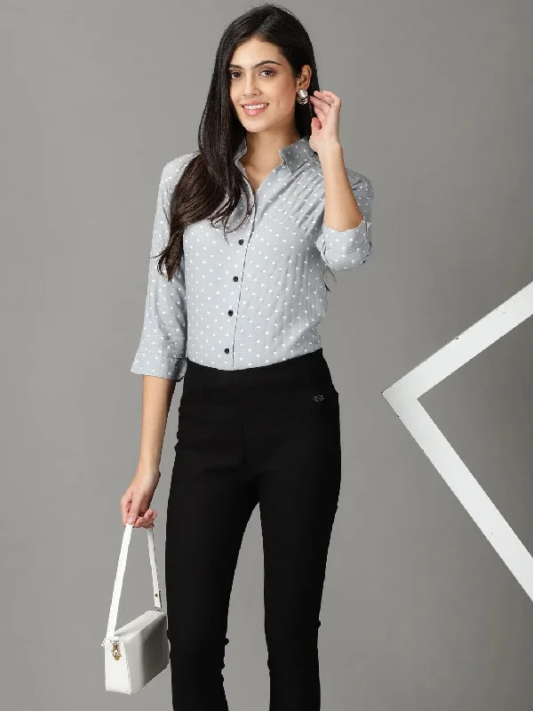 Women's Grey Printed Shirt-AE-3152-Grey-- Hooded Caped Shawl Collar