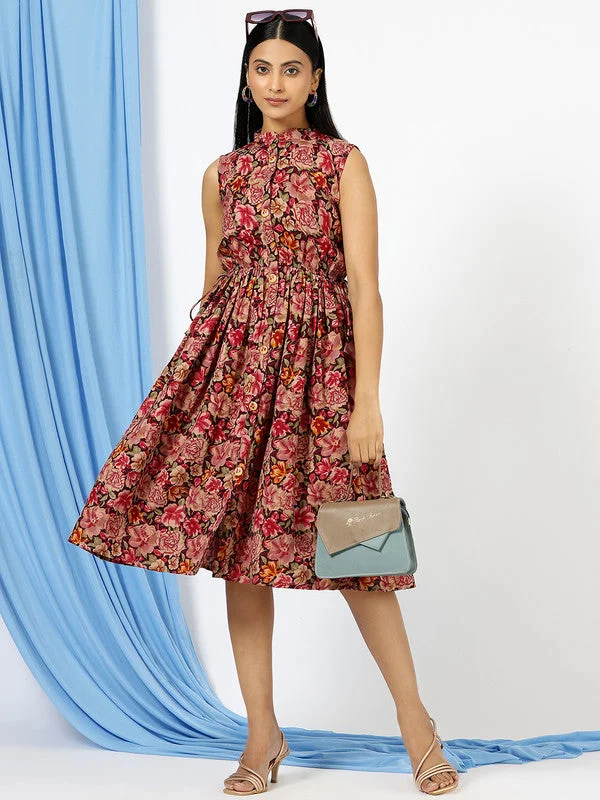 Women's Red Mandarin Collar Floral Printed Cotton Fit & Flare Dress Crew Neckline Casual