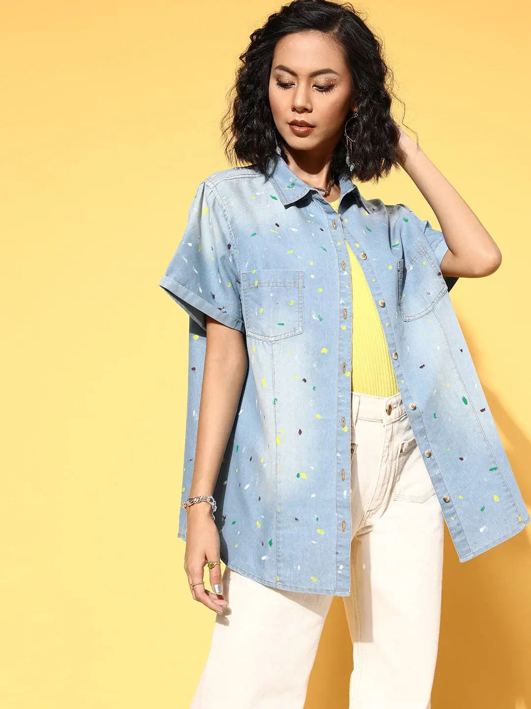 Women Ice-Blue Denim Multicolour Paint Boxy Shirt-- Hooded Caped Shawl Collar