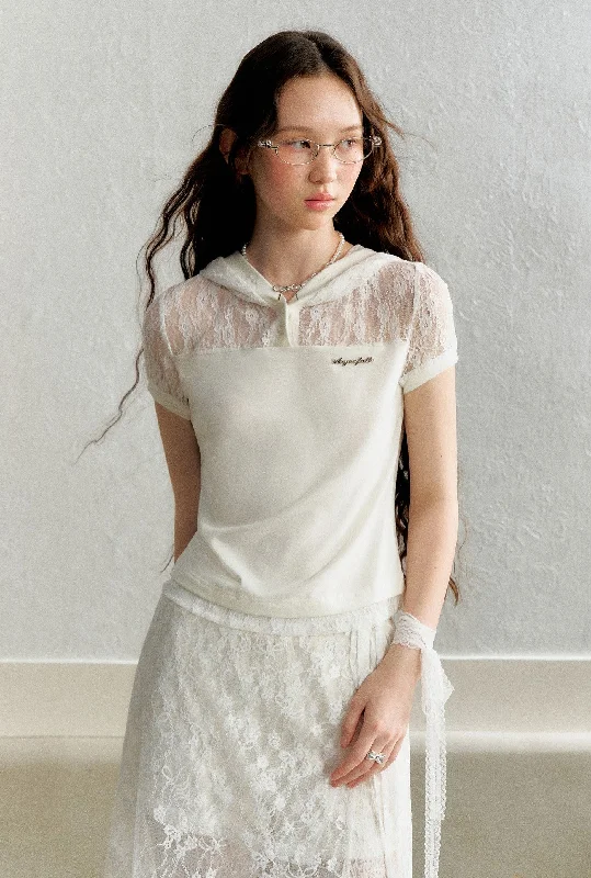 Lace Splicing Hooded Short-sleeved T-shirt AYF0051-- Embroidered Appliqued Beaded