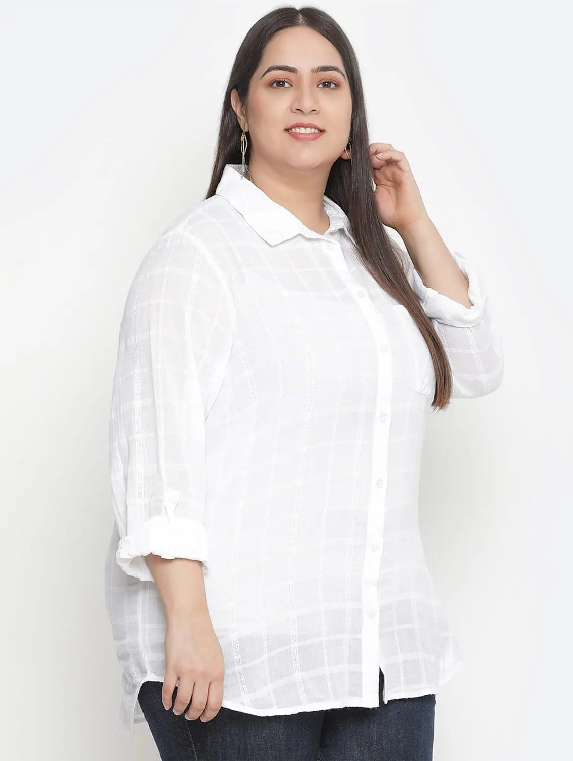 Pure White Offical Check Print Plus Size Women Shirt-- Iron Safe Non-Iron Wrinkle Free