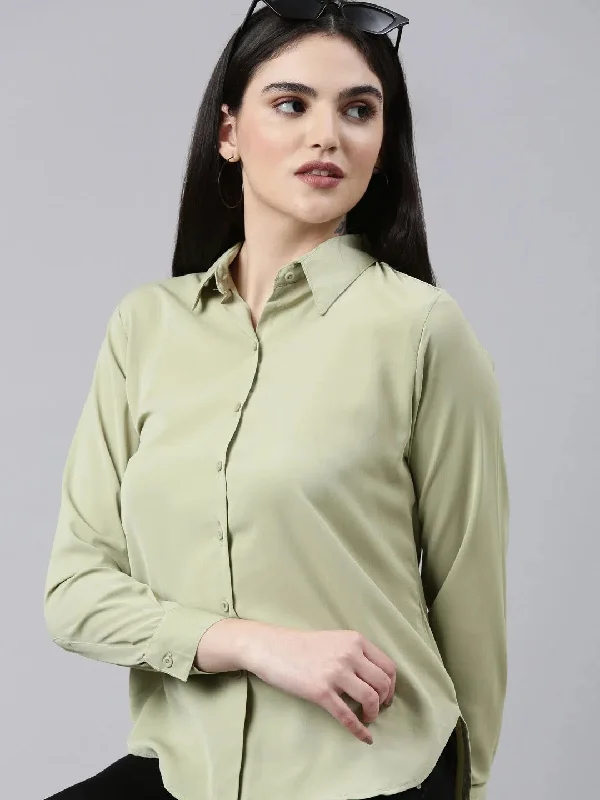 Women Olive Solid Shirt-AE-15658-Olive-- Houndstooth Herringbone Solid