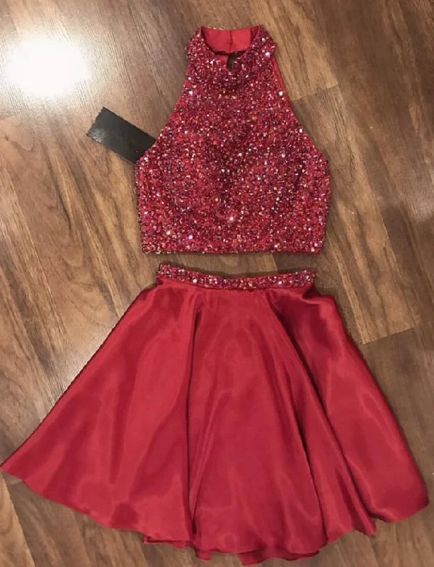 Halter Sleeveless Red A Line Two Pieces Beading Satin Pleated Short Homecoming Dresses Tunics Solid Classic