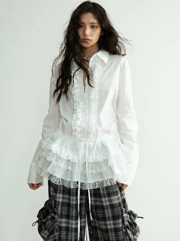 High-Intelligence Pure White Lace Long Shirt JNY0198-- Polka Dot Checkered Tartan