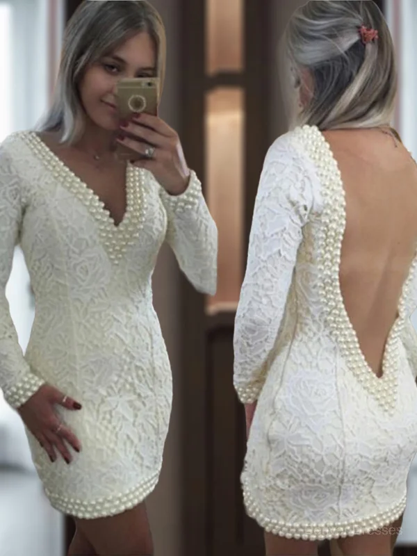 A-Line/Princess V-neck Short/Mini Lace Homecoming Dresses With Pearls Tunics Travel practical
