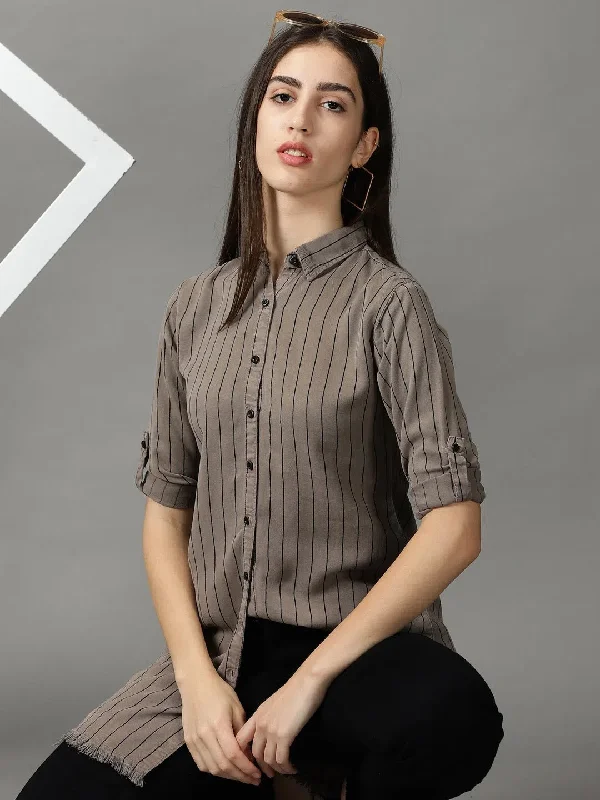 Women's Grey Striped Longline Shirt-AE-4149-Taupe-- Spandex Blend Rayon Blend Denim Blend