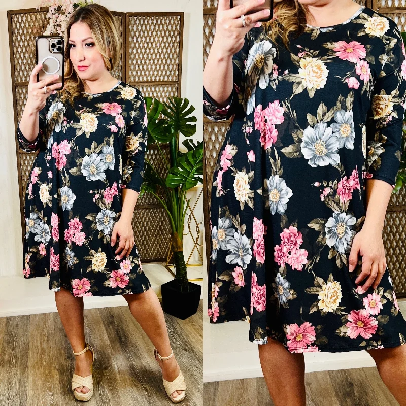 Black Background Floral Dress Tunics Leisure comfortable
