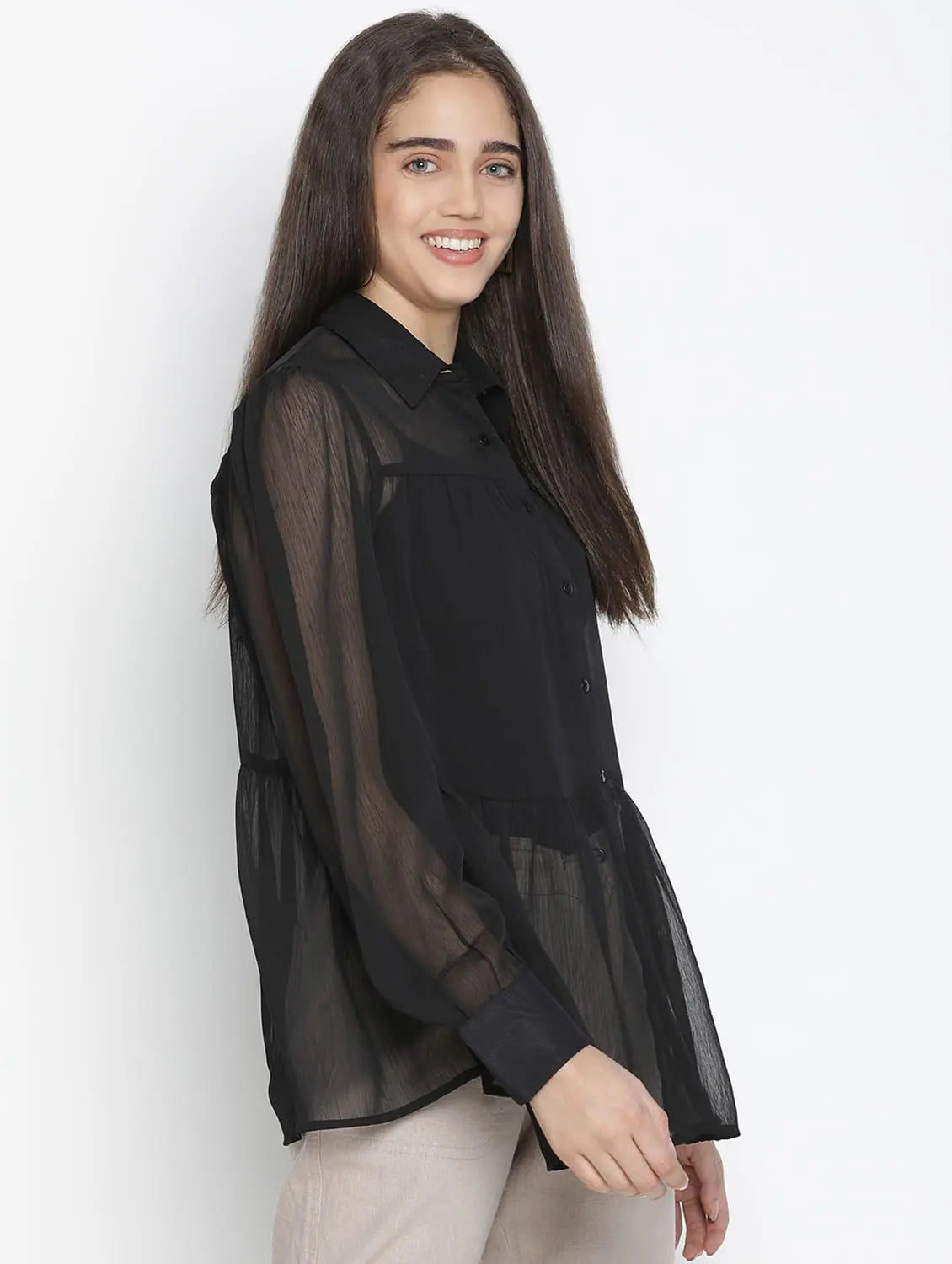 Embraced Black Sleek Women Shirt-- Rayon Velvet Corduroy