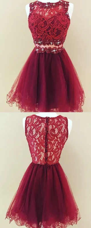 A Line Jewel Short Burgundy Tulle Homecoming Dress With Lace Sequins Tunics Prom sequined