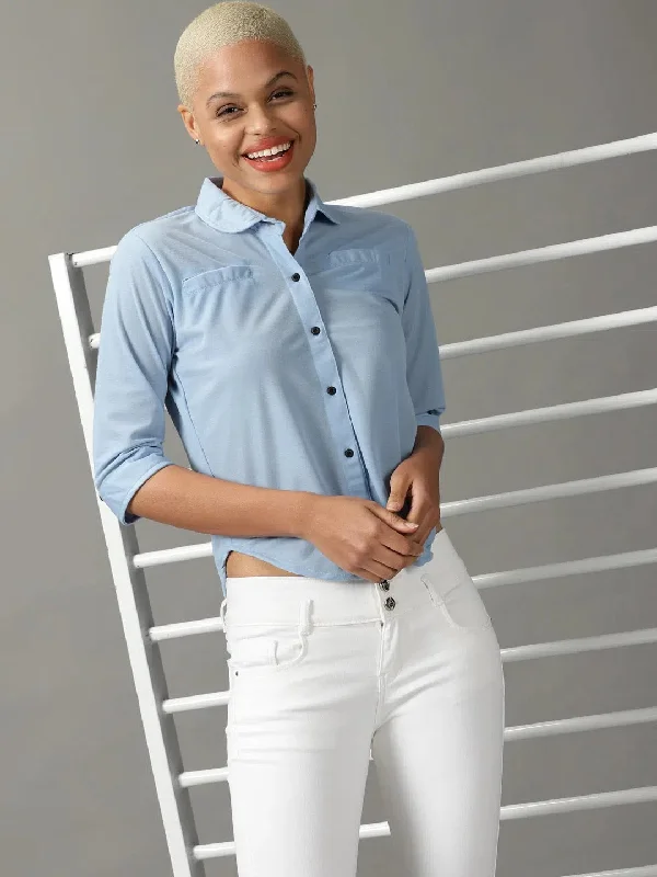 Women's Blue Solid Shirt-AE-333318-Blue-- Welt Pockets Slit Pockets Flap Pockets