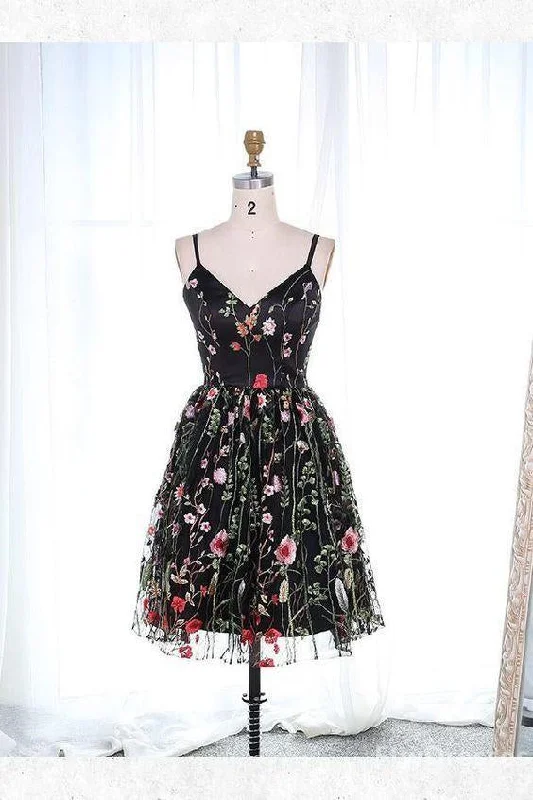 homecoming dresses lace a line spaghetti straps short black lace homecoming dress Boat Neckline Classic