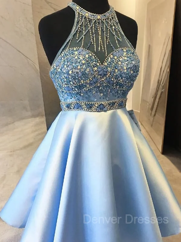 A-Line/Princess Halter Short/Mini Satin Homecoming Dresses With Beading Tunics Vintage classic