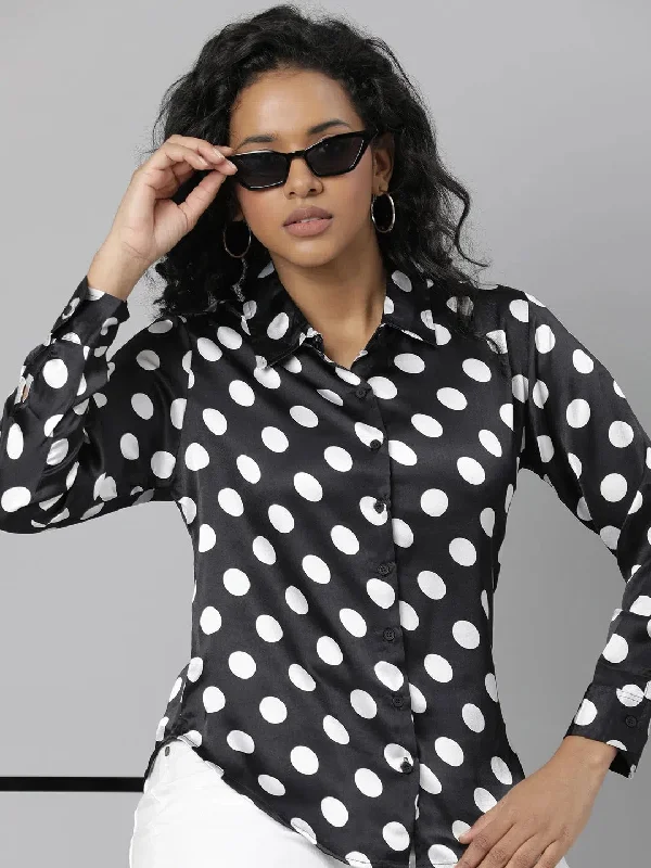 Women Black Polka Dots Shirt-AE-333844-Black-- Mesh Fabric Canvas Fabric Denim Fabric